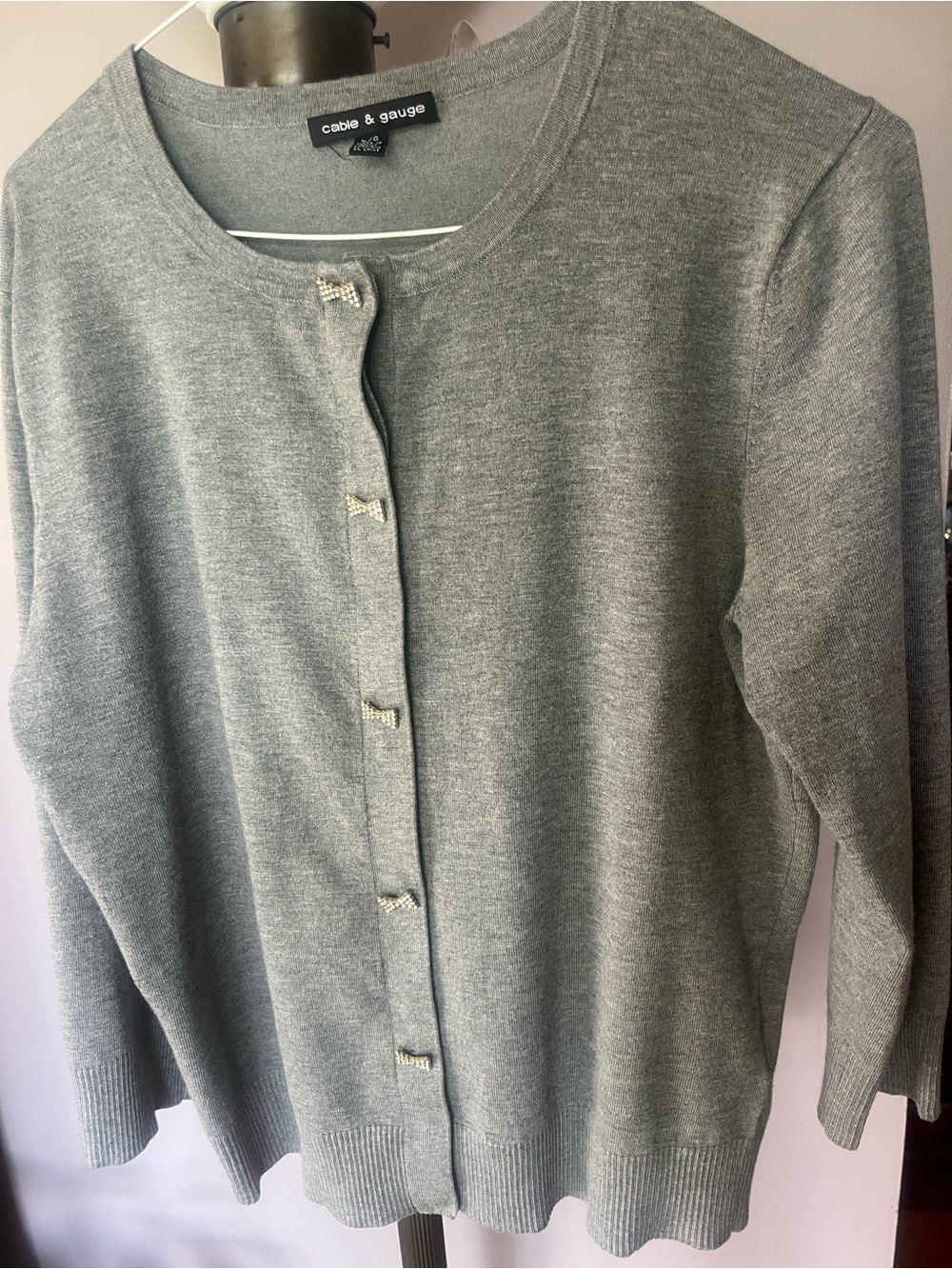 Cable & Gauge Light Gray Crewneck Rhinestone-Button Cardigan